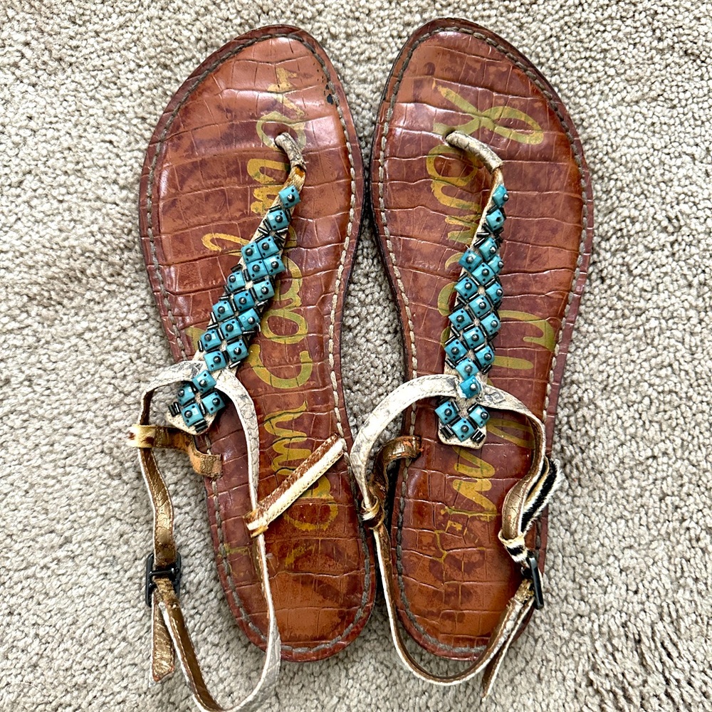Sam Edelman Women’s Gaines T-Strap Blue Beaded Sandal - Size 7.5